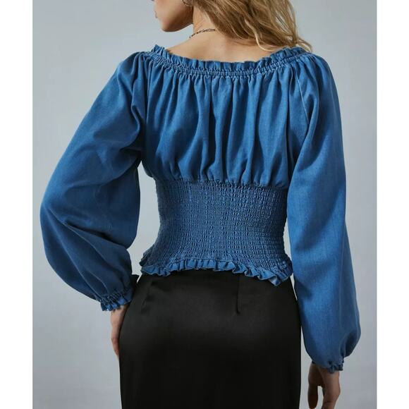 Urban Outfitters Kimchi Blue Marley Bow Front Long Sleeve Denim Blouse - Picture 4 of 11